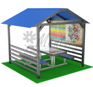 Aluminiowa wiata edukacyjna – 1 ławostół + panel edukacyjny ekologiczny