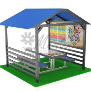 Aluminiowa wiata edukacyjna - 1 ławostół + panel edukacyjny ekologiczny
